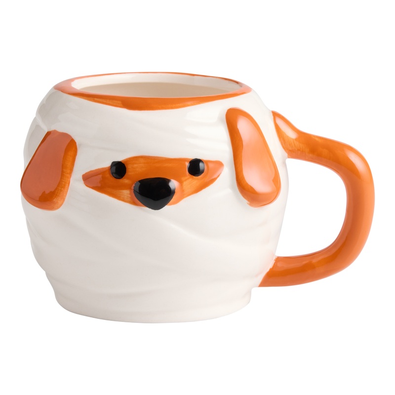 Orange and White Mummy Dog Hand Painted Figural Ceramic Mug