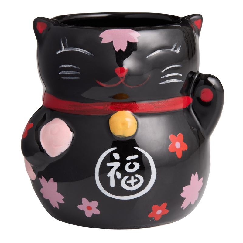 Black Lucky Cat Cherry Blossom Figural Ceramic Teacup