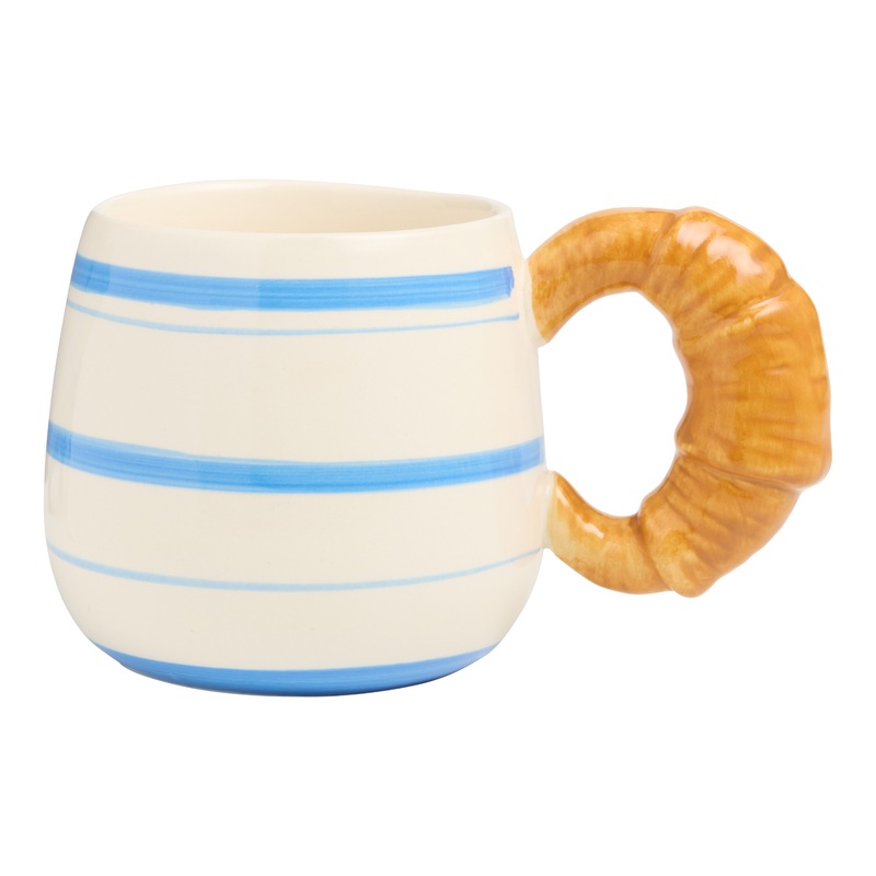 Blue and White Hand Painted Croissant Handle Ceramic Mug