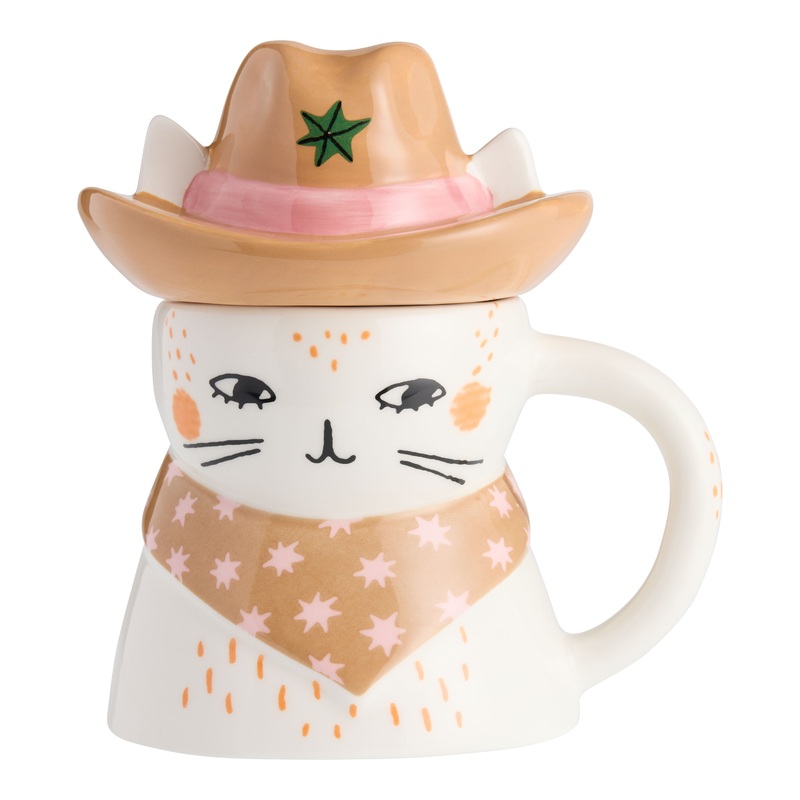 Cowboy Cat Figural Ceramic Mug with Lid