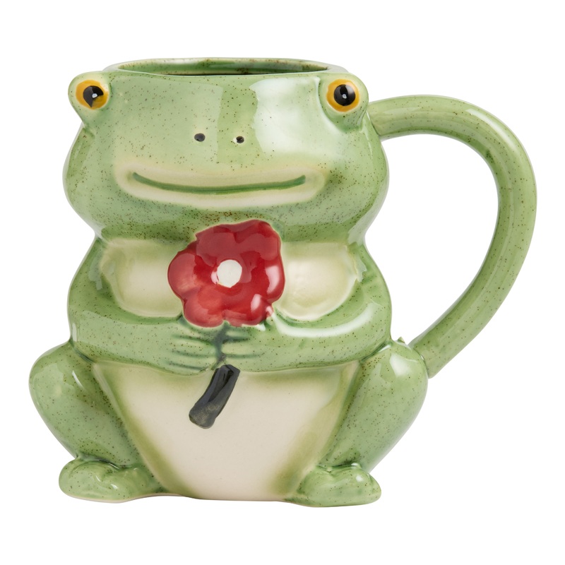 Green Hand Painted Frog and Flower Figural Ceramic Mug