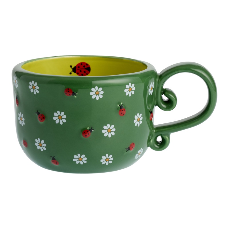 Green Ladybug and Daisy Hand Painted Ceramic Mug