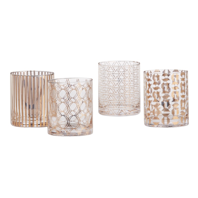 Metallic Gold Pattern Double Old Fashioned Glasses Set of 4