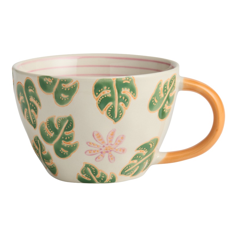 Orange and Green Monstera Stripe Hand Painted Ceramic Mug