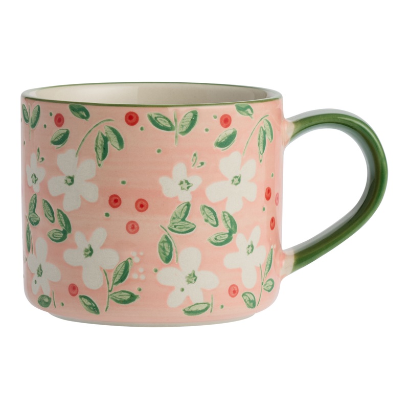 Pink and Green Floral Wax Resist Hand Painted Ceramic Mug