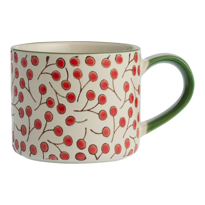 Red Cherry Stem Wax Resist Hand Painted Ceramic Mug