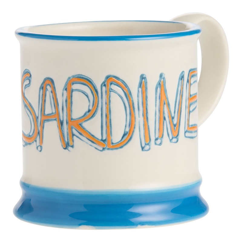 White and Blue Wax Resist Sardines Hand Painted Ceramic Mug