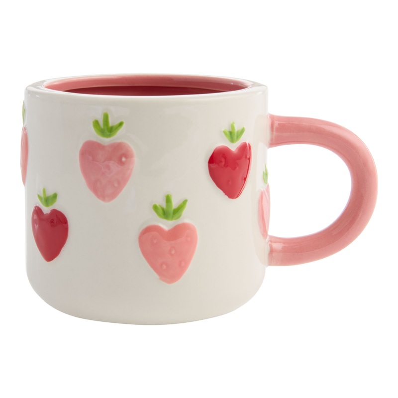 White and Pink Strawberry Heart Hand Painted Ceramic Mug