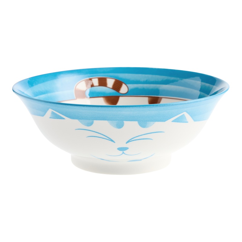 Blue and White Round Cat Hand Stamped Noodle Bowl
