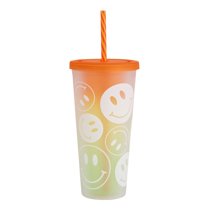Multicolor Smiley Double Wall Cup With Straw