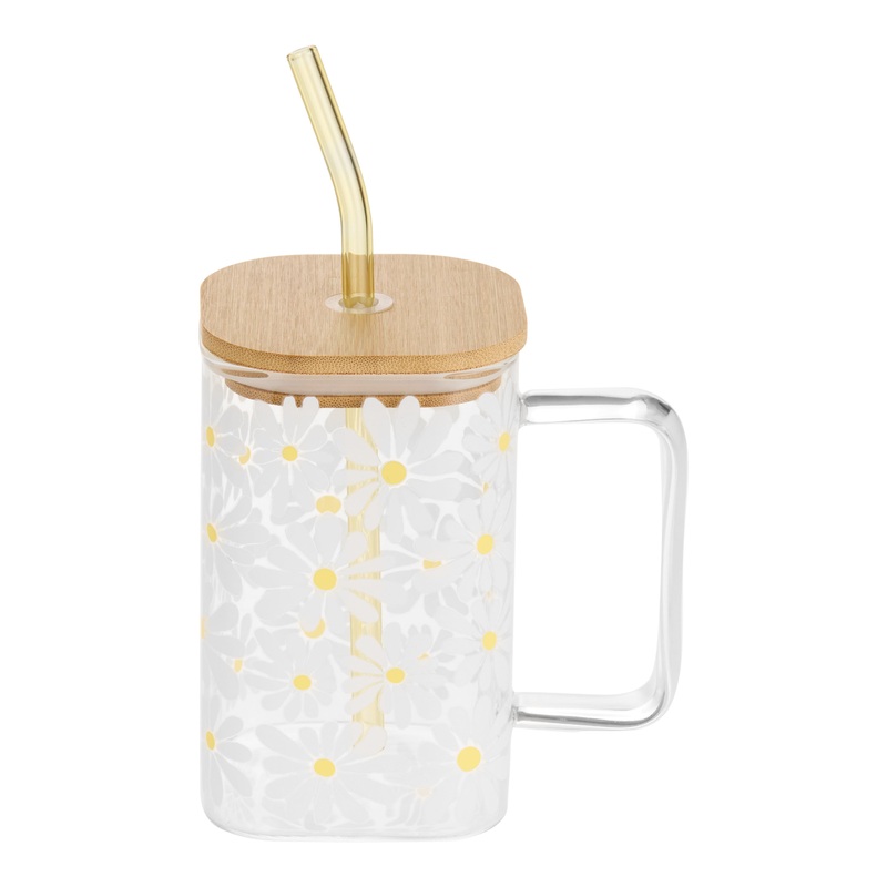 Square Glass Daisy To Go Tumbler With Straw