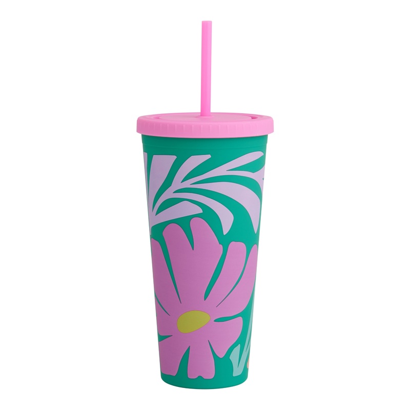 Teal Multicolor Flower Double Wall Cup With Straw