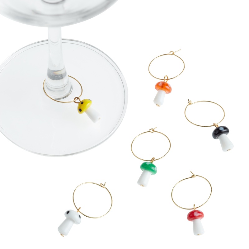 Gold Metal and Glass Mushroom Wine Glass Markers 6 Pack