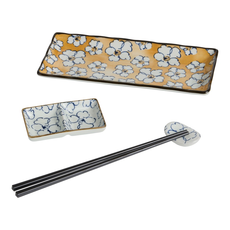 Marigold Floral Hand Painted 4 Piece Sushi Serving Set