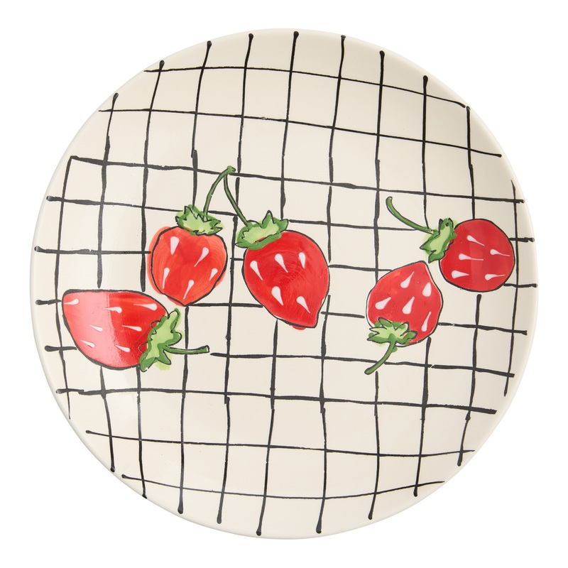 White and Black Grid Strawberry Hand Painted Salad Plate