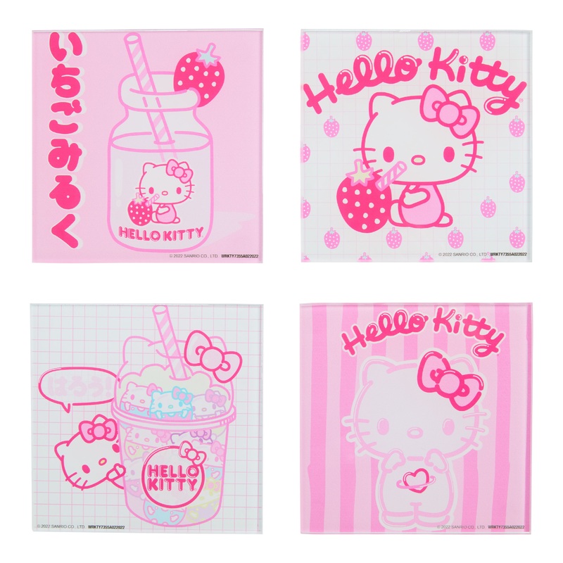 Hello Kitty Pink Glass Strawberry Boba Coasters 4 Pack