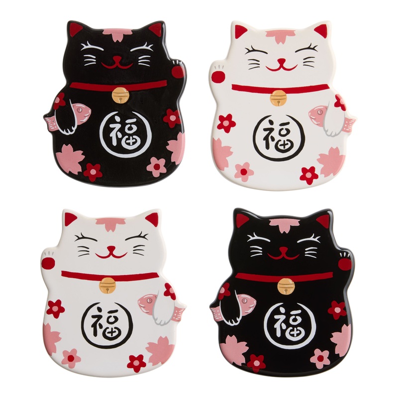 Lucky Cat Floral Ceramic Figural Coasters 4 Pack