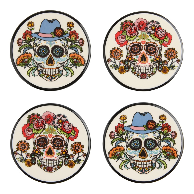 Multicolor Ceramic Sugar Skull Hand Painted Coasters 4 Pack