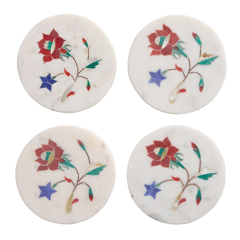 White Marble and Mother of Pearl Floral Inlay Coasters 4 Pack