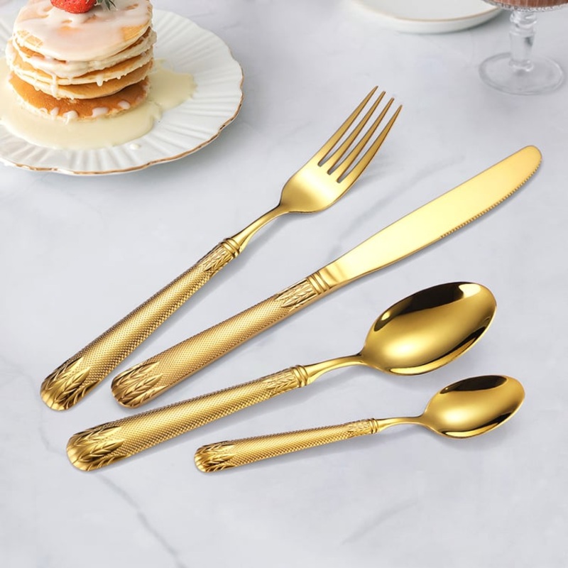 Luxury Gold Unique Flatware Set for 12 Embossed Stainless Steel Kitchen Cutlery Set