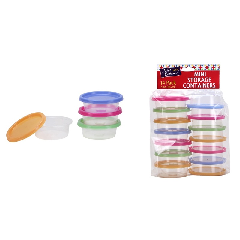 Mini Storage Containers – Round, Neon Lids, 3 oz, 14 Pack