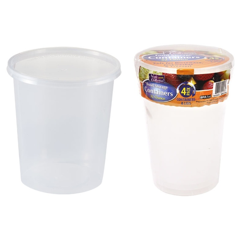 Round Storage Containers – Clear, 32 oz, 4 Pack