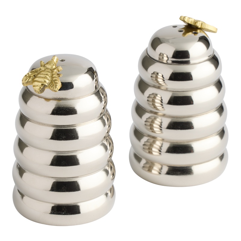 Metal Beehive and Bee Figural Salt and Pepper Shaker Set