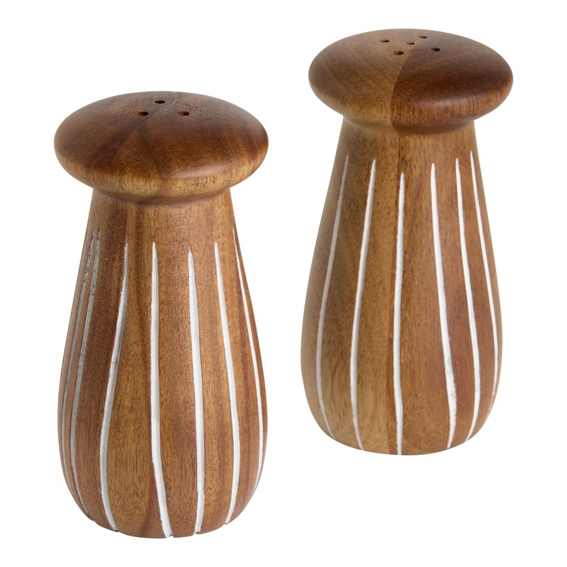 Natural and White Wood Stripe Salt and Pepper Shaker Set