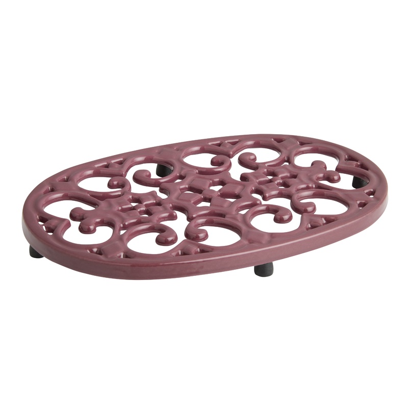 Oval Burgundy Enameled Cast Iron Vintage Style Trivet