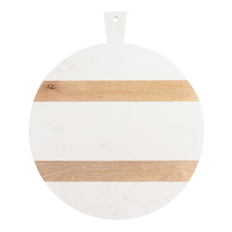 Large Round White Marble and Wood Paddle Cutting Board