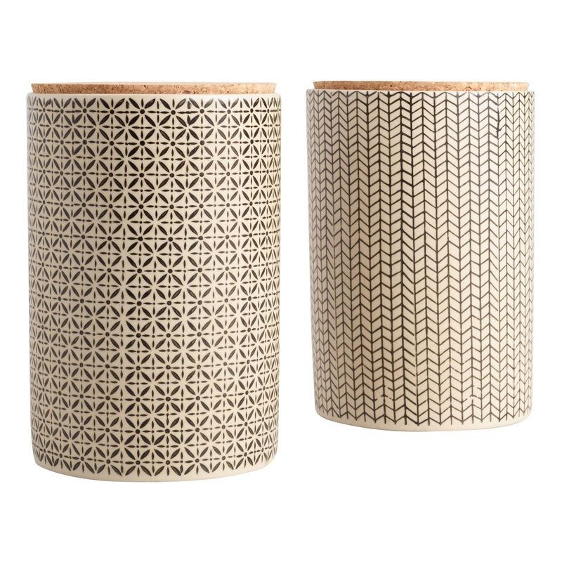 Large Black and Ivory Stamped Ceramic Tea Canisters Set of 2