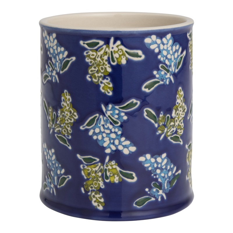 Large Blue Hand Stamped Ceramic Floral Storage Canister
