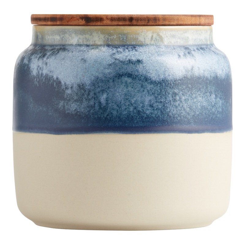 Large Blue Reactive Glaze Ceramic and Wood Storage Canister