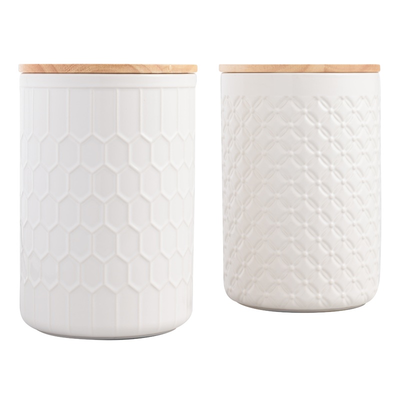 Large White Textured Ceramic Canisters with Lids Set of 2