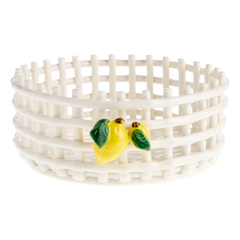 Round Ivory Ceramic Basketweave Lemon Icon Fruit Basket