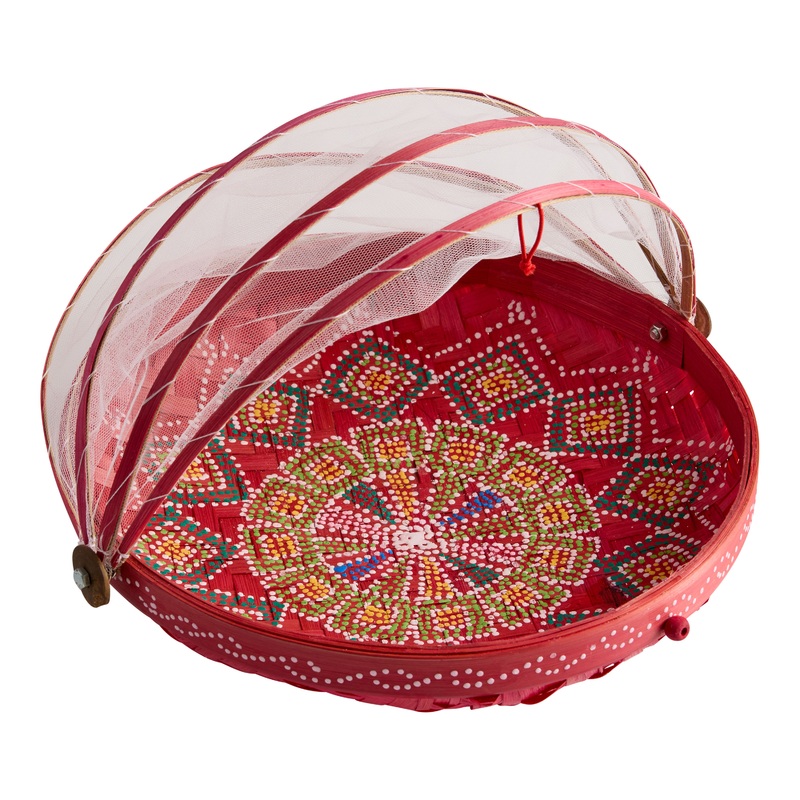 Shuri Round Red Bamboo Serving Plate with Mesh Food Dome