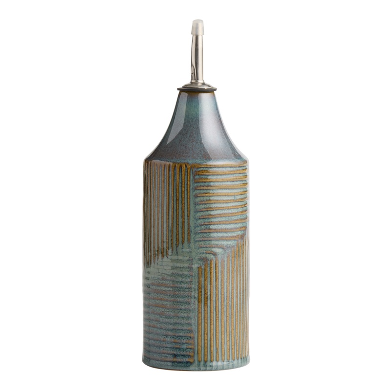 Teal Reactive Glaze Ceramic Geo Oil Bottle with Spout