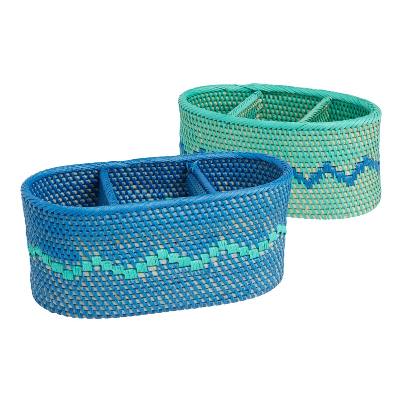 Tropicalia Blue And Teal Rattan Flatware Caddy Set Of 2