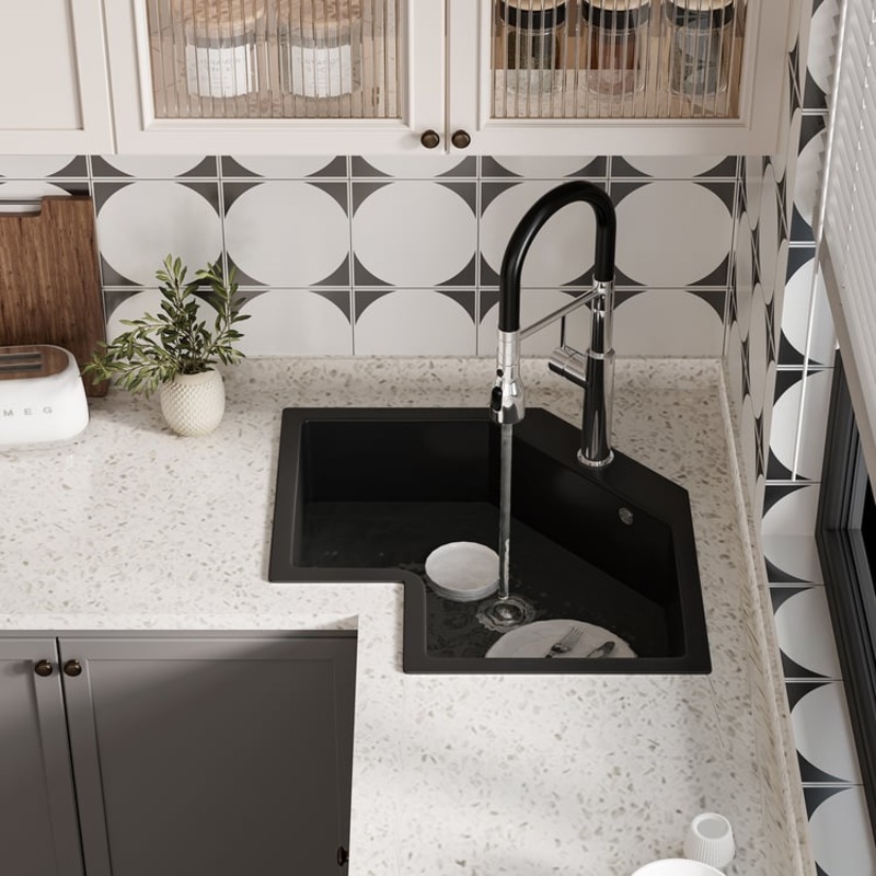 25″ Black Drop In Corner Kitchen Sink Modern Single Bowl Quartz Irregular Sink