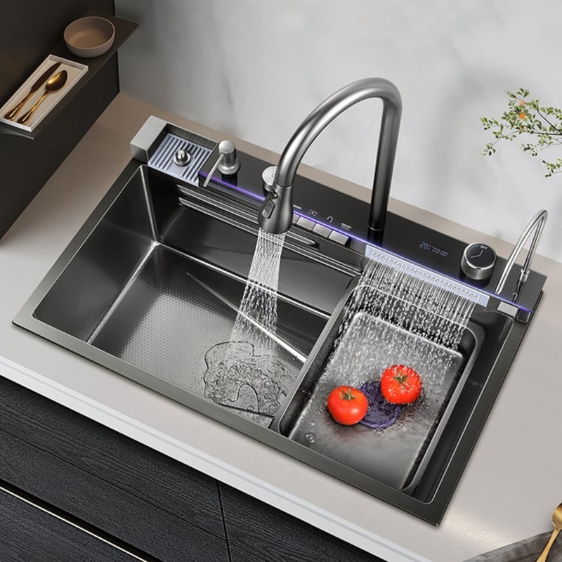 29″ Black Drop-in Workstation Kitchen Sink with Faucet Single Bowl Stainless Steel