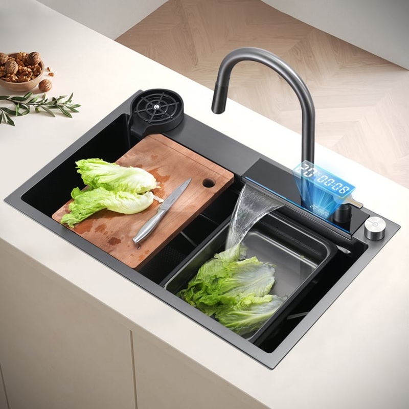 29″ Drop-in Workstation Kitchen Sink with Pull-Out Faucet & Waterfall Feature