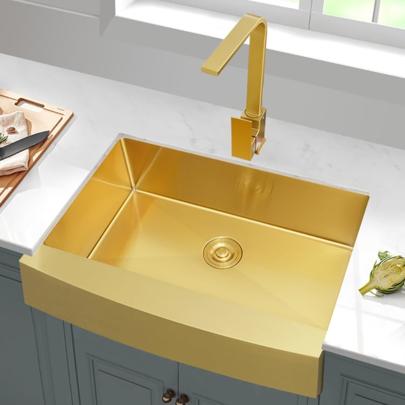 30″ Stainless Steel Farmhouse Apron-Front Kitchen Sink with Single Bowl in Gold