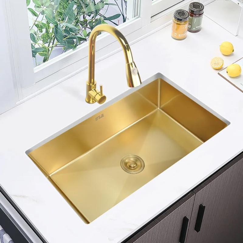 30” Stainless Steel Kitchen Sink Rectangular Single Bowl in Gold
