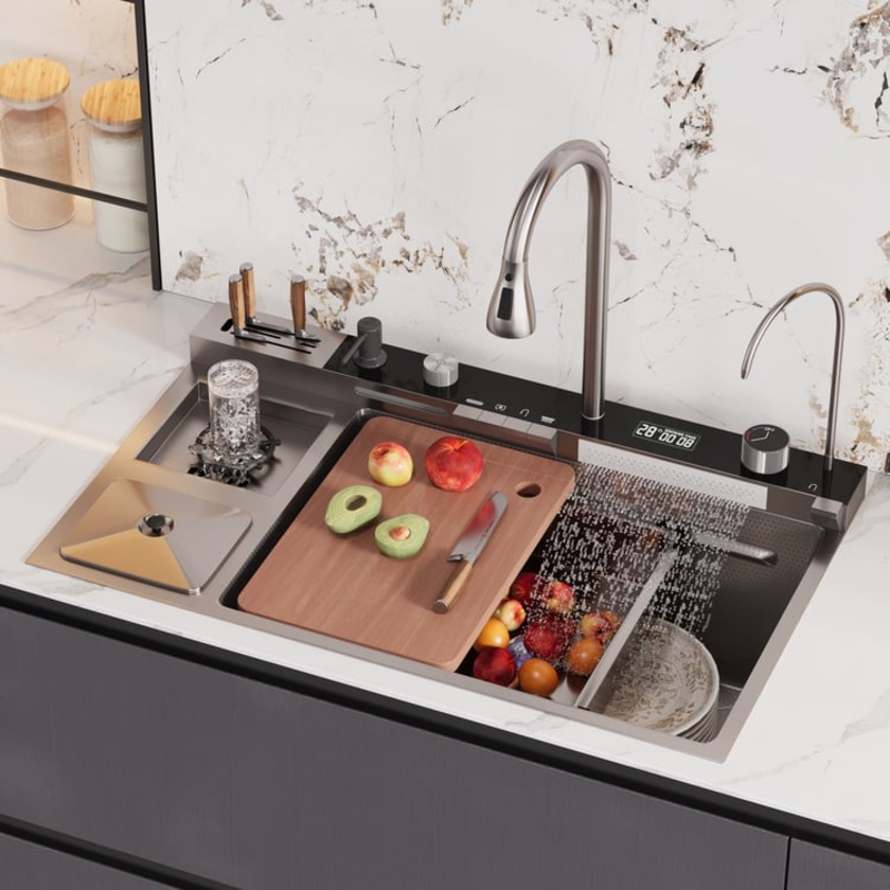 32″ Black Drop-in Workstation Kitchen Sink with Faucet Single Bowl Stainless Steel