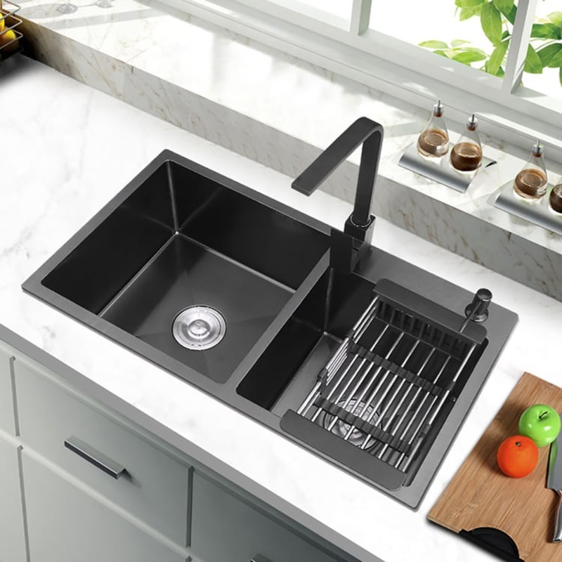 32″ Black Stainless Steel Kitchen Sink Double Bowls Drop-In Sink with Drain and Overflow
