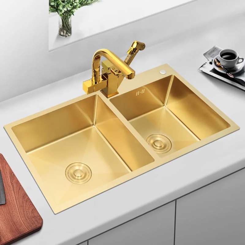 32″ Gold Stainless Steel Kitchen Sink Double Bowls Drop-In Sink with Drain and Overflow