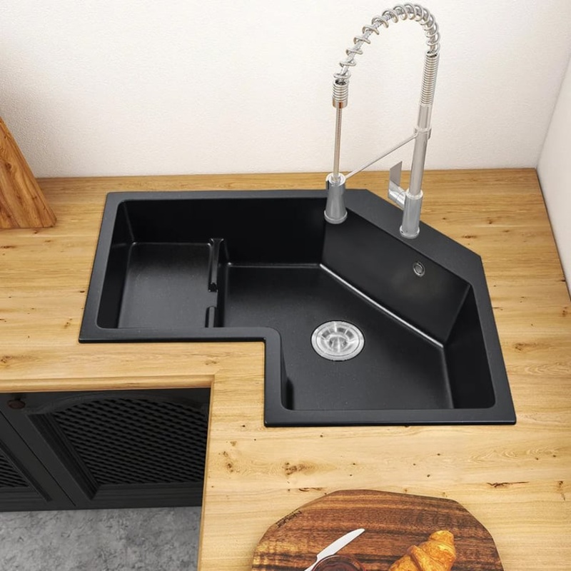 32″ Modern Black Drop In Corner Kitchen Sink Single Bowl Quartz Irregular Left Sink