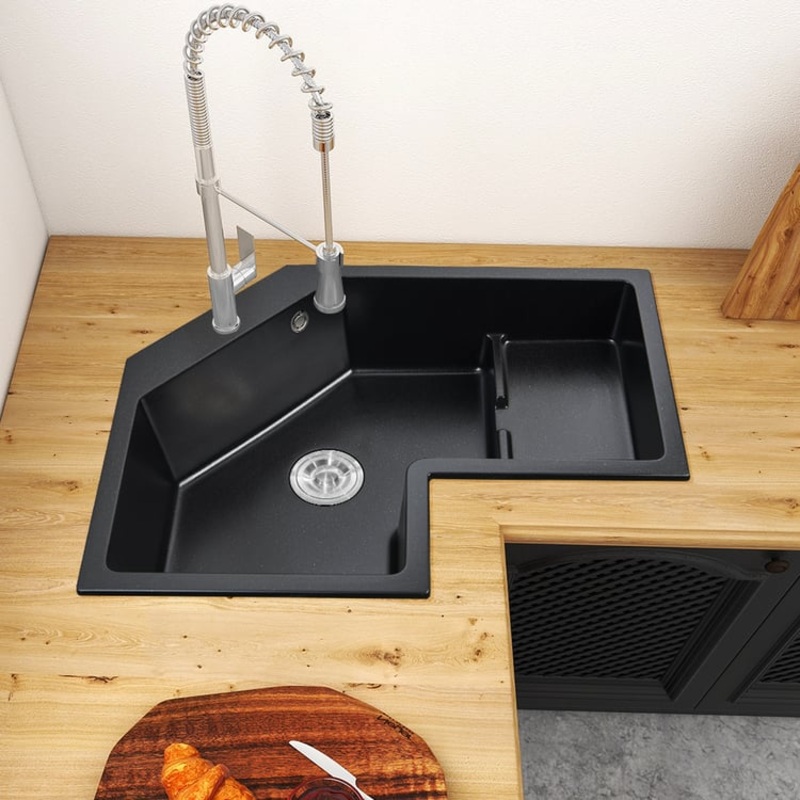 32″ Modern Black Drop In Corner Kitchen Sink Single Bowl Quartz Irregular Right Sink