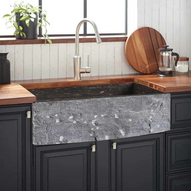 33″ Farmhouse Black Kitchen Sink Natural Stone Single Large Sink with Drain