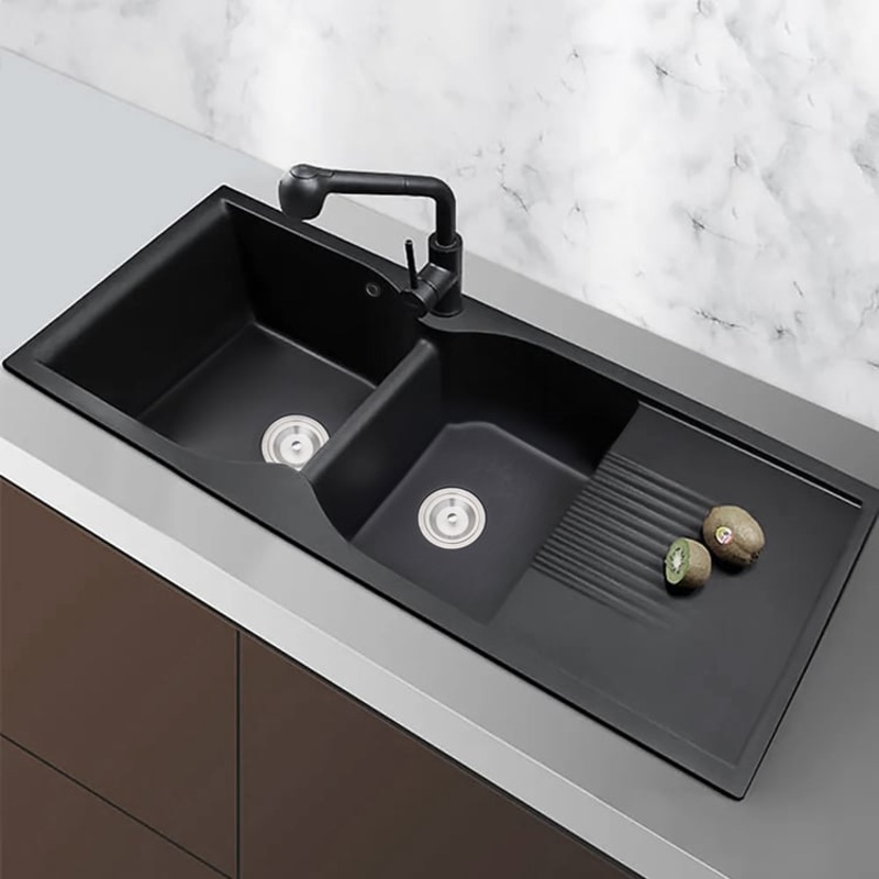 45″ Black Quartz Kitchen Sink Double Bowl Drop-In Sink with Drain Board
